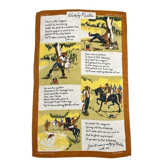 Vintage “Waltzing Matilda” Linen Tea Towel – Illustrated by Neil, 30.5”x18”, Des - Picture 1 of 8